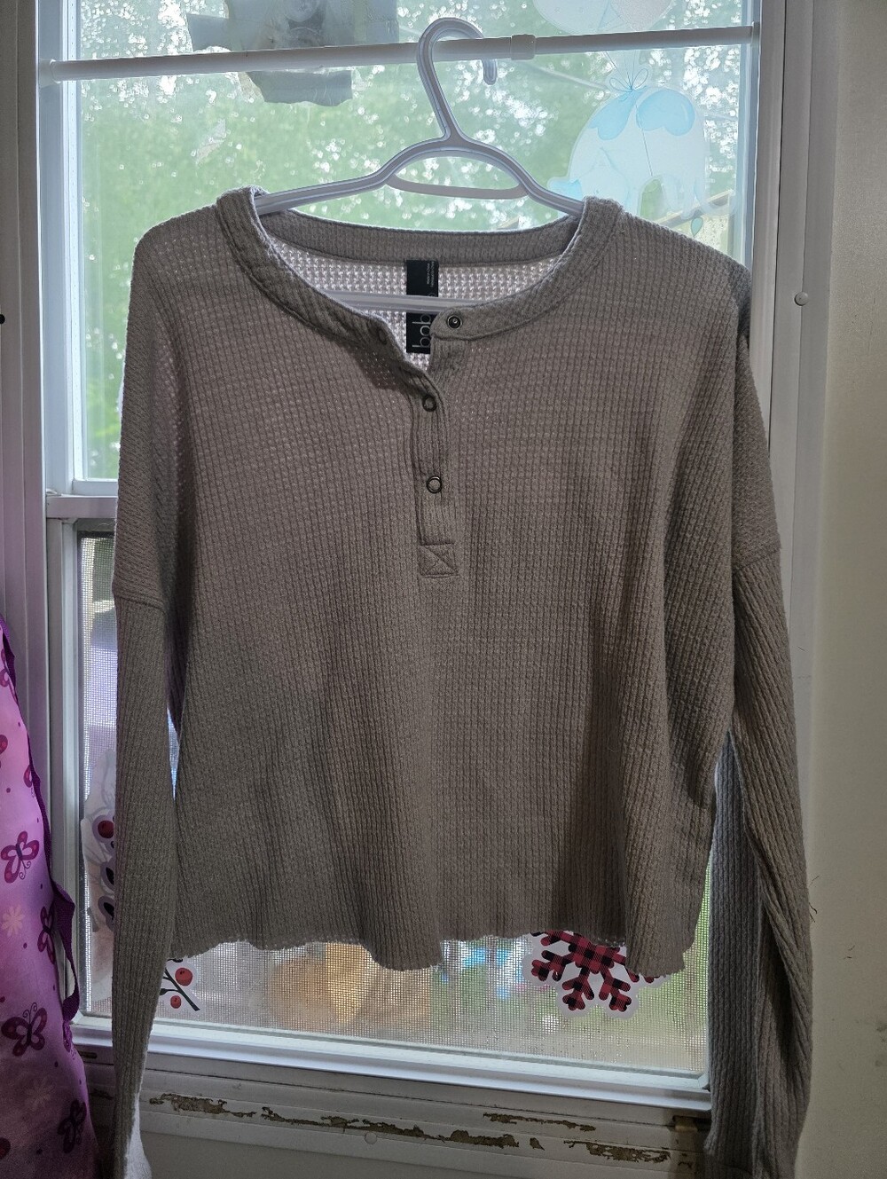 bobi Taupe Waffle-Knit Henley Sweater